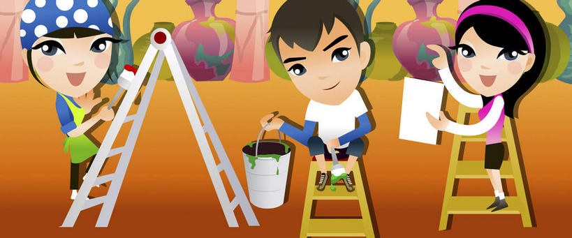 西方人,无人,三个人,伙伴,朋友,站,攀登,横图,插画,室内,白天,正面,友谊,数码,科技,欧洲,欧洲人,橙色背景,阴影,服装,装饰,网络,丝巾,梯子,桶,圆点,阶梯,高光,几何,计算机图形,合成,图画,注视,休闲装,画,衣服,发箍,发饰,容器,饰品,观察,看,站着,休闲,休闲服,爬,服饰,头箍,观看,上升,储藏,油漆桶,电脑合成图,数码合成图,察看,储存,关注,发卡,漫画,配饰,人字梯,写实,具体,具象,登高,友情,男人,男性,年轻男性,年轻女性,女人,女性,白种人,长发,攀爬,站立,彩图,全身,贮存,短发