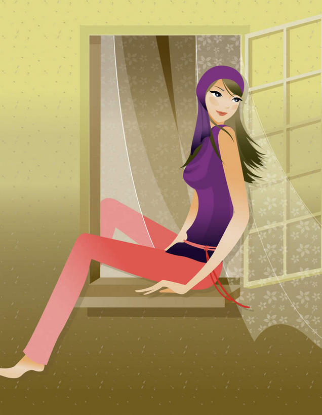 一个人,无人,坐,竖图,插画,室内,白天,侧面,数码,科技,窗户,仅一个年轻女性,仅一个女性,仅一个人,阴影,网络,高光,几何,计算机图形,合成,图画,注视,玻璃窗,画,黑色,观察,看,观看,电脑合成图,数码合成图,察看,关注,漫画,写实,具体,具象,年轻女性,女人,女性,长发,坐着,彩图,全身