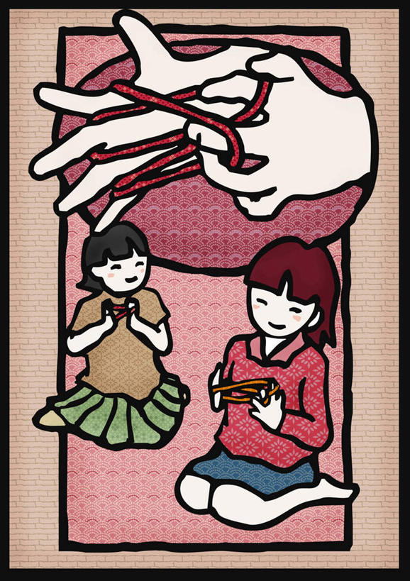 东方人,儿童,无人,两个人,伙伴,朋友,坐,笑,盘腿,微笑,竖图,插画,室内,白天,正面,游戏,友谊,纯洁,成功,合作,团队,集体,信心,数码,科技,玩具,亚洲,握,阴影,服装,网络,高光,几何,计算机图形,拿,玩,合成,图画,拿着,注视,休闲装,黄种人,娱乐,队伍,画,小孩,衣服,绳子,观察,看,休闲,休闲服,可爱,童年,童趣,翻花绳,握着,服饰,观看,活动,绳索,电脑合成图,数码合成图,察看,成就,发泄,关注,消遣,智力,挑帮帮,合伙,漫画,童真,烂漫,无邪,翻绳,写实,具体,具象,宣泄,解绷绷,解勾勾,解钩钩,挑花花线,线翻花,解股,天真,友情,翻花鼓,挑绷绷,女孩,女人,女性,亚洲人,盘腿而坐,盘膝,盘着腿的,盘着腿坐,双腿交叉,玩耍,嬉戏,坐着,彩图,全身,女生