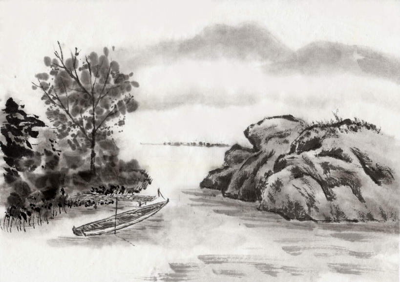无人,横图,黑白,室内,白天,正面,绘画,河流,石头,美景,山,树林,水,植物,船,许多,艺术,石子,河水,景观,山峰,水流,云,云朵,木船,山峦,古典,云彩,文化,树,树木,绿色,白云,天空,自然,工艺品,交通工具,天,品味,景色,生长,晴朗,成长,美术,高雅,舟,自然风光,载具,国画,水墨画,美学,水墨,石块,岩石,晴空
