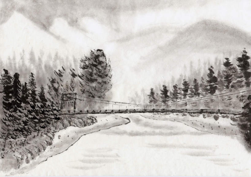 无人,横图,黑白,室内,白天,正面,绘画,河流,美景,山,树林,水,植物,许多,艺术,木板,河水,景观,山峰,水流,云,云朵,桥,木桥,山峦,古典,云彩,文化,栈桥,树,树木,绿色,白云,天空,自然,工艺品,天,品味,景色,生长,晴朗,成长,人行桥,木板桥,美术,高雅,自然风光,国画,水墨画,美学,水墨,晴空
