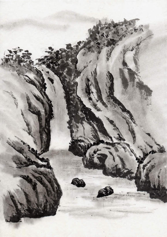无人,竖图,黑白,室内,白天,正面,绘画,河流,石头,美景,瀑布,山,树林,水,植物,许多,飞溅,艺术,溅,石子,液体,河水,景观,山峰,水滴,水流,云,云朵,山峦,古典,云彩,文化,水珠,树,树木,绿色,白云,天空,自然,工艺品,天,品味,景色,生长,晴朗,成长,美术,高雅,喷洒,自然风光,国画,水墨画,美学,水墨,跌水,石块,岩石,晴空