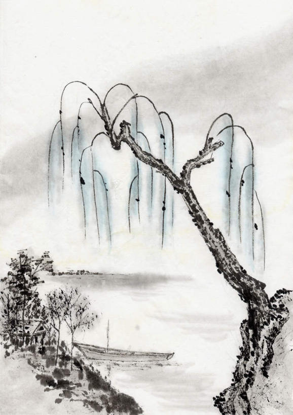 无人,竖图,室内,白天,正面,绘画,河流,美景,山,树林,水,植物,船,柳树,许多,艺术,河水,景观,山峰,水流,云,云朵,木船,山峦,古典,云彩,文化,垂柳,树,树木,绿色,白云,天空,自然,工艺品,交通工具,天,品味,景色,生长,晴朗,成长,美术,高雅,舟,自然风光,载具,国画,水墨画,美学,水墨,倒挂柳,晴空,垂枝柳,彩图