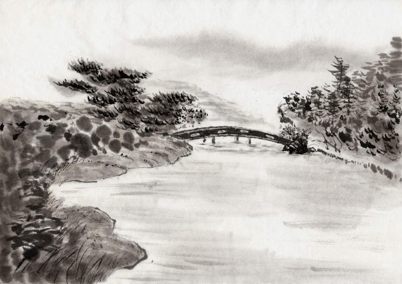 无人,横图,黑白,室内,白天,正面,绘画,河流,美景,山,树林,水,植物,许多,艺术,木板,河水,景观,山峰,水流,云,云朵,桥,木桥,山峦,古典,云彩,文化,栈桥,树,树木,绿色,白云,天空,自然,工艺品,天,品味,景色,生长,晴朗,成长,人行桥,木板桥,美术,高雅,自然风光,国画,水墨画,美学,水墨,晴空