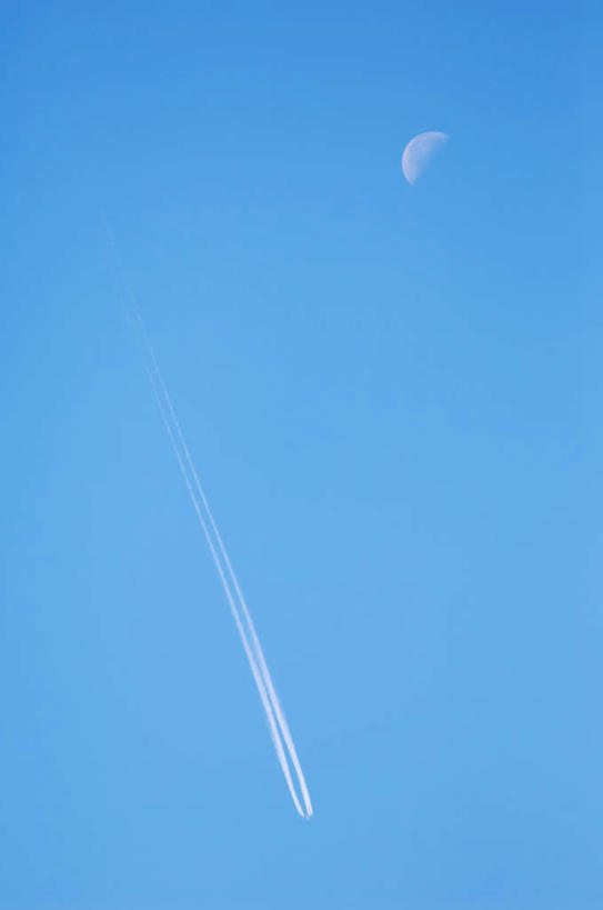 无人,竖图,室外,白天,仰视,旅游,度假,美景,景观,烟雾,月亮,月光,娱乐,蓝色,蓝天,天空,自然,天,享受,休闲,景色,放松,晴朗,明亮,污染,废气,自然风光,飞机尾迹,尾迹云,机尾云,飞机拉烟,云带,尾迹,万里无云,机尾迹,飞机尾气,皎洁,晴空,晴空万里,彩图,低角度拍摄