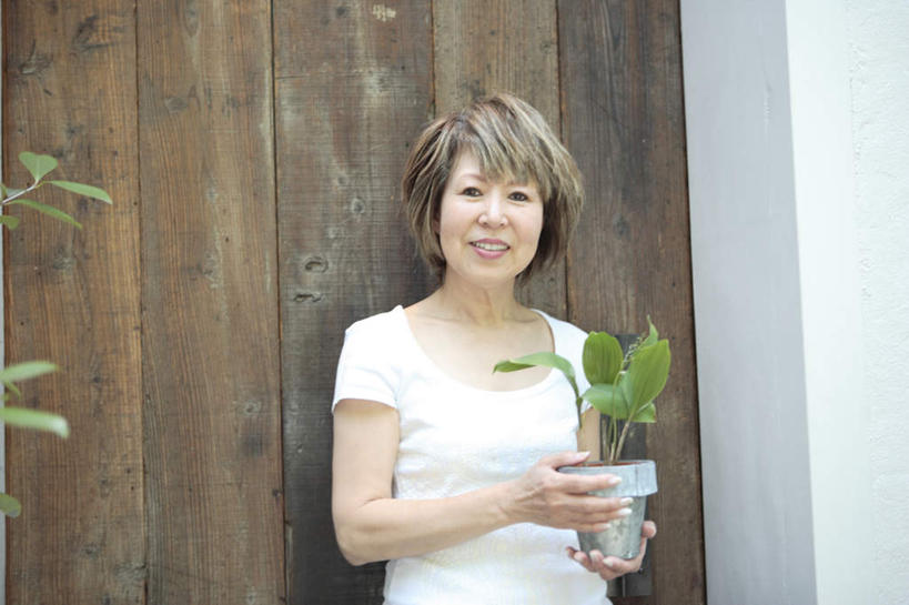 东方人,一个人,站,捧,笑,微笑,横图,室外,白天,正面,T恤衫,植物,门,亚洲,仅一个女性,仅一个人,服装,盆栽,棕色,盆景,T恤,注视,休闲装,黄种人,衣服,绿色,自然,门框,观察,看,站着,仅一个中年女性,休闲,休闲服,服饰,生长,成长,观看,察看,关注,女人,女性,中年女性,亚洲人,端,端着,捧着,手捧,站立,半身,彩图,短发