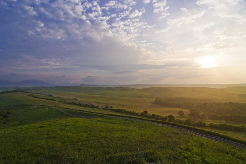 无人,农田,横图,室外,白天,正面,旅游,度假,庄稼,农作物,草地,草坪,日出,美景,太阳,植物,道路,路,北海道,日本,亚洲,一堆,阴影,堆叠,堆积,光线,影子,景观,云,云朵,小路,交通,朝霞,晨曦,黎明,云彩,娱乐,草,树,树木,蓝色,绿色,白云,蓝天,天空,阳光,自然,天,享受,休闲,景色,放松,乡间小路,生长,成长,堆,自然风光,东亚,日本国,北海道地方,北海道岛,朝阳,彩图,耕地,庄稼田,破晓