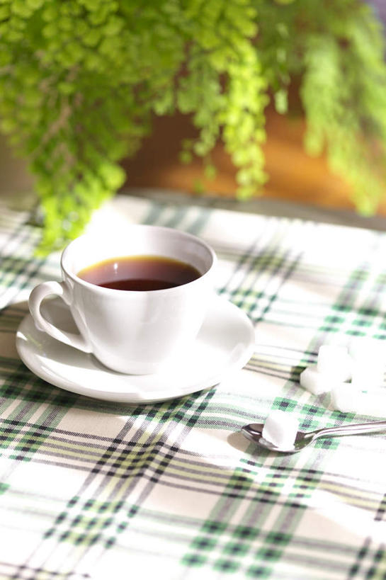 无人,竖图,俯视,室内,白天,餐桌,桌子,杯子,叶子,托盘,阴影,光线,布料,瓷器,影子,勺子,食品,糖,糖果,甜点,甜品,绿叶,咖啡杯,陶瓷制品,软糖,布纹,桌布,食物,阳光,餐巾,调羹,台布,汤匙,甜食,嫩叶,餐台,瓷杯,叶,叶片,彩图,高角度拍摄