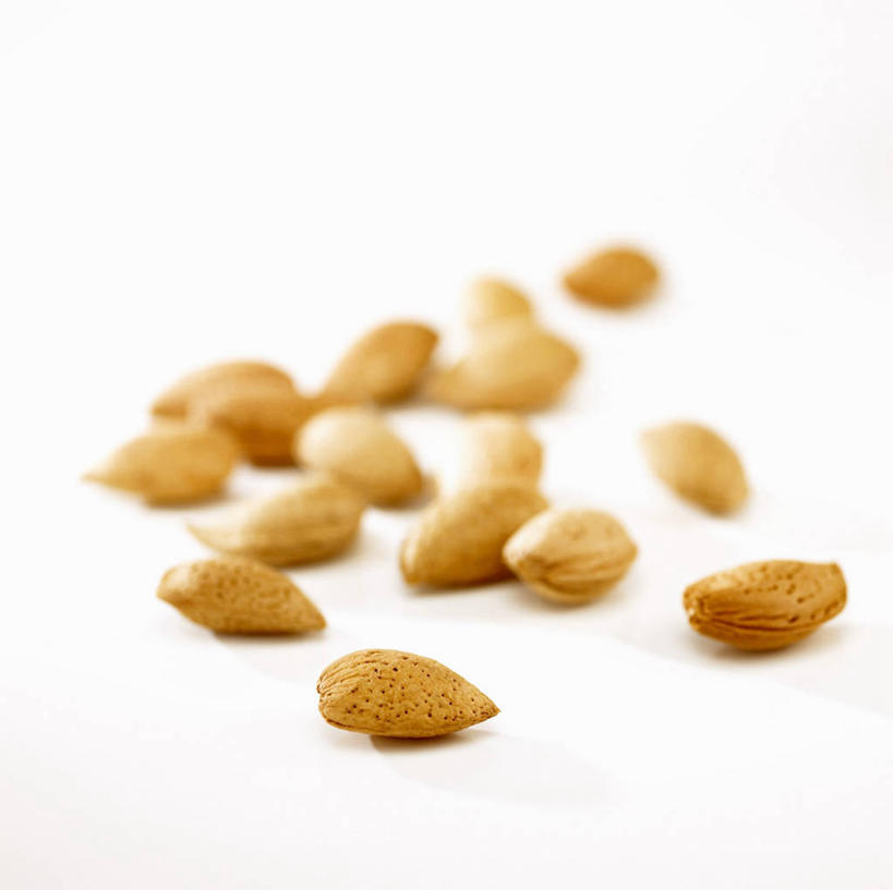 无人,横图,俯视,室内,特写,白天,白色背景,餐桌,桌子,杏仁,许多,阴影,朦胧,模糊,反射,影子,褐色,很多,摄影,影棚,餐台,杏子,杏梅仁,杏核仁,木落子,苦杏仁,彩图,高角度拍摄,影棚拍摄,拍摄