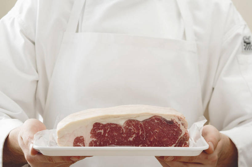 西方人,一个人,厨师,站,捧,横图,室内,特写,白天,正面,工作服,制服,餐具,欧洲,欧洲人,仅一个男性,仅一个人,一块,阴影,反射,包装,包装纸,碟子,盘,围裙,影子,纸,肉,牛肉,纸张,肉类,仅一个年轻男性,一个,白色,盘子,碟,站着,单个,包装材料,肉食,牛腩,工作制服,男人,男性,年轻男性,白种人,厨师长,厨子,大厨,主厨,端,端着,捧着,手捧,站立,半身,彩图,工作套服