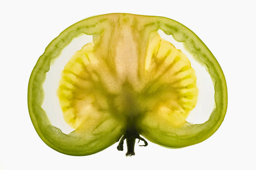 无人,横图,俯视,室内,特写,白天,白色背景,餐桌,桌子,蔬菜,西红柿,一片,切开,阴影,新鲜,反射,影子,食品,食物,绿色,切,摄影,有机食品,绿色食品,影棚,餐台,剖面,切面,番茄,彩图,高角度拍摄,影棚拍摄,拍摄