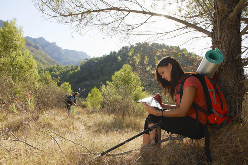 西方人,一个人,坐,横图,室外,白天,侧面,草地,草坪,山,植物,道路,地图,欧洲,欧洲人,仅一个年轻女性,仅一个女性,仅一个人,握,阴影,服装,光线,信息,包,工具,器材,影子,山峰,交通,山峦,拿,旅行包,拿着,注视,休闲装,方向,草,树,树木,衣服,蓝色,绿色,蓝天,天空,阳光,自然,背包,天,观察,看,休闲,休闲服,器械,握着,服饰,生长,晴朗,成长,拐杖,观看,引导,指引,察看,关注,万里无云,登山杖,辅助设备,旅游包,登山棍,年轻女性,女人,女性,白种人,晴空,晴空万里,登山,爬山,坐着,彩图,全身,导航,双肩包