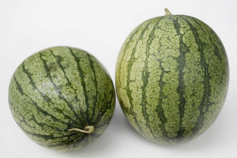 无人,横图,俯视,室内,特写,白天,白色背景,餐桌,桌子,西瓜,水果,阴影,新鲜,反射,影子,生食,食品,果实,食物,两个,绿色,摄影,有机食品,绿色食品,影棚,餐台,寒瓜,彩图,高角度拍摄,影棚拍摄,拍摄