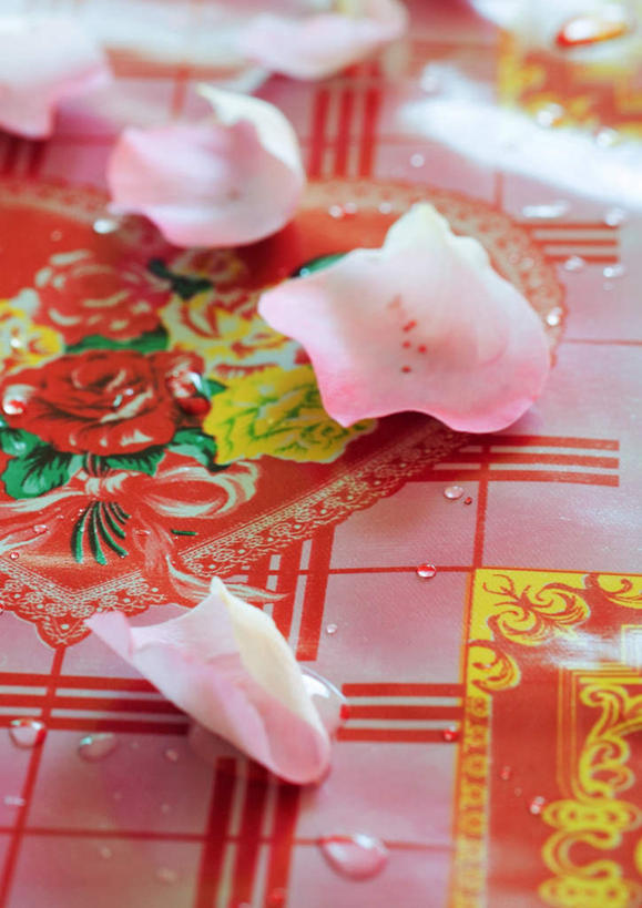 无人,竖图,俯视,室内,特写,白天,桌面,桌子,条纹,网格,布料,格子,水滴,布纹,水珠,桌布,花瓣,粉色,台布,彩图,高角度拍摄