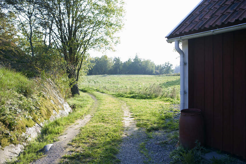 无人,家,横图,室外,白天,正面,旅游,度假,草地,草坪,石头,美景,森林,树林,植物,道路,路,阴影,光线,石子,瓦片,影子,房屋,墙,屋檐,屋子,景观,小路,交通,娱乐,楼房,檐,墙壁,墙面,住宅,草,树,树木,蓝色,绿色,蓝天,天空,阳光,自然,天,享受,休闲,景色,放松,生长,成长,自然风光,石块,彩图,房子