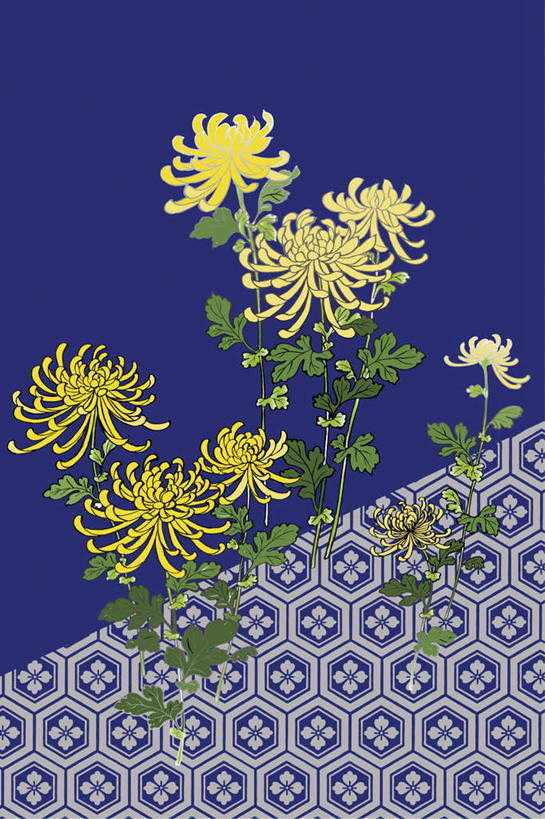 无人,竖图,插画,室内,白天,正面,爱情,数码,科技,植物,叶子,许多,阴影,花纹,蓝色背景,条纹,盛开,网络,图案,枝条,高光,几何,计算机图形,合成,花蕾,图画,画,花,花瓣,花朵,鲜花,黄色,绿色,花苞,花蕊,菊花,吉祥,电脑合成图,数码合成图,漫画,写实,具体,具象,高洁,长寿,怀恋,清净,真情,寿客,秋菊,彩图