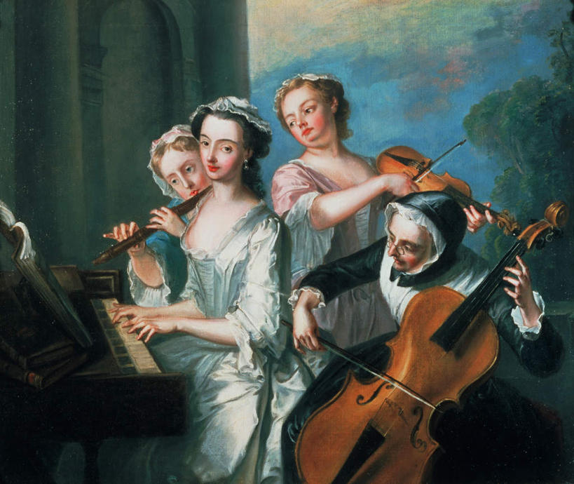 西方人,无人,四个人,站,坐,横图,室内,白天,正面,绘画,键盘,书籍,油画,欧洲,欧洲人,握,服装,艺术,装饰,头饰,钢琴,墙,吹奏乐器,大提琴,笛子,横笛,乐谱,乐器,木管乐器,五线谱,弦乐器,小提琴,古典,音乐,吹奏,弹奏,拿,演奏,拿着,注视,文化,墙壁,墙面,衣服,工艺品,观察,看,品味,站着,握着,服饰,观看,华丽,修饰,美术,点缀,察看,高雅,键盘乐器,节拍,衣着,穿着,关注,弓拉弦乐器,弓拉弦鸣乐器,音符,符头,符干,符尾,乐章,美学,衬托,美观,雅致,雅观,衣饰,竹笛,男人,男性,年轻女性,女人,女性,中年男性,白种人,书,图书,站立,坐着,半身,彩图,传统服装