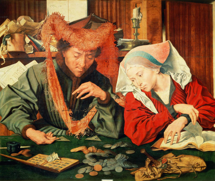 西方人,无人,两个人,夫妻,坐,横图,室内,白天,正面,民族服装,爱情,绘画,钱,桌子,袋子,蜡烛,书籍,油画,欧洲,欧洲人,一堆,许多,堆叠,堆积,艺术,钱币,头巾,办公桌,墙,古典,浪漫,麻袋,注视,文化,墙壁,墙面,容器,工艺品,低头,观察,看,品味,恩爱,搭,金融,恋人,经济,观看,储藏,堆,美术,察看,高雅,储存,搭着,关注,流通,贸易,美学,烛炬,货币,现金,硬币,男人,男性,女人,女性,中年男性,中年女性,白种人,夫妇,情侣,书,图书,坐着,半身,彩图,传统服装,民俗服,伴侣,贮存