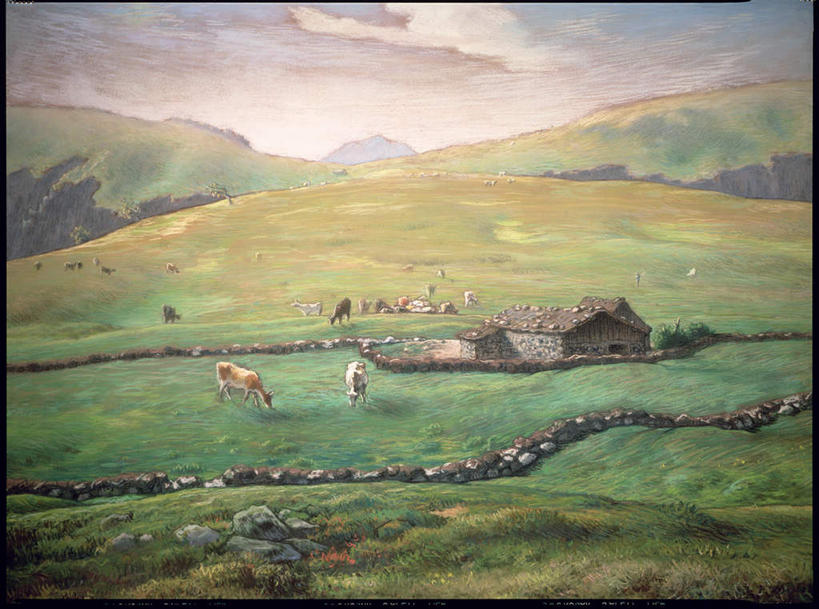 无人,家,站,吃,横图,室内,白天,正面,绘画,石头,山,山脉,门,牛,油画,许多,花纹,艺术,石子,房屋,墙,屋顶,屋子,山峰,乳牛,山峦,很多,古典,顶棚,注视,文化,楼房,墙壁,墙面,住宅,动物,工艺品,门框,群山,低头,观察,看,品味,站着,家畜,牲畜,观看,美术,察看,高雅,关注,斑纹,美学,石块,岩石,奶牛,嚼,食,站立,彩图,全身,房子