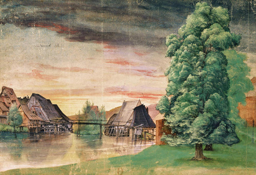 无人,家,横图,室内,白天,正面,绘画,草地,草坪,河流,水,植物,油画,艺术,木板,房屋,屋子,草屋,河水,水流,云,云朵,桥,木桥,古典,云彩,文化,住宅,栈桥,草,树,树木,蓝色,绿色,白云,蓝天,天空,自然,工艺品,茅草屋,天,品味,生长,晴朗,成长,人行桥,木板桥,美术,高雅,美学,晴空,彩图,房子,茅舍,茅屋,小屋