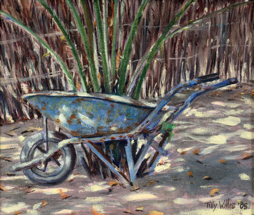 无人,横图,室内,白天,正面,绘画,草地,草坪,植物,油画,一辆,阴影,艺术,生锈,光线,影子,古典,文化,车,草,绿色,阳光,手推车,工艺品,交通工具,品味,独轮车,腐蚀,侵蚀,美术,高雅,载具,美学,腐化,锈迹斑斑,彩图