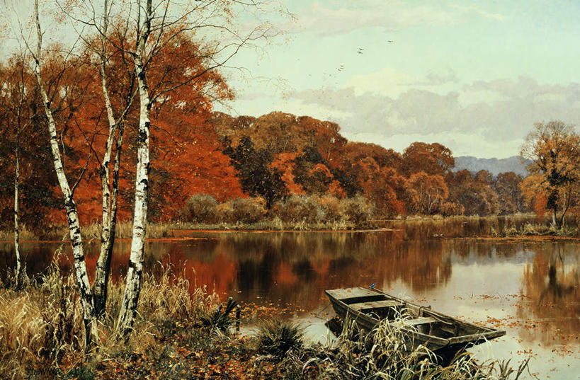 无人,横图,室内,白天,正面,旅游,度假,绘画,湖,湖泊,美景,秋季,树林,水,植物,船,油画,英国,欧洲,一艘,阴影,艺术,光线,影子,湖面,景观,水流,水面,云,云朵,木船,古典,云彩,文化,娱乐,树,树木,蓝色,绿色,白云,蓝天,天空,自然,工艺品,交通工具,湖水,天,品味,享受,休闲,景色,放松,生长,晴朗,成长,美术,高雅,舟,西欧,自然风光,载具,大不列颠,大不列颠及北爱尔兰联合王国,美学,大不列颠联合王国,日不落英帝国,秋日,晴空,秋天,彩图