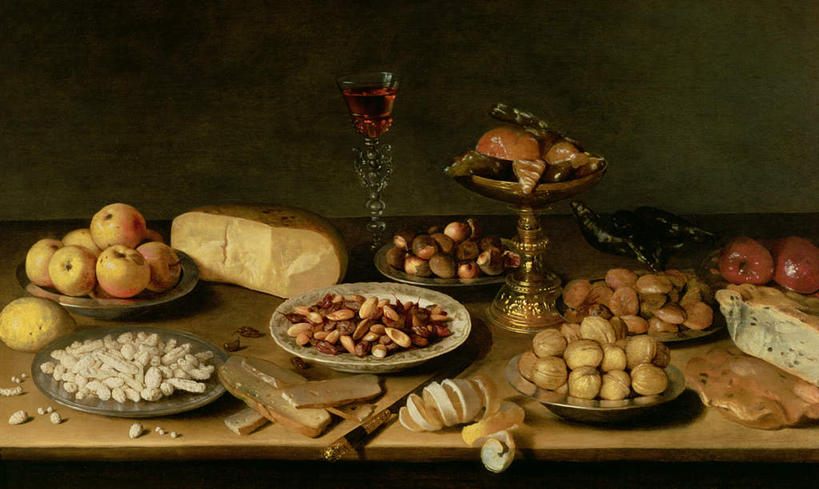 点心,奶酪,无人,横图,室内,白天,正面,绘画,下午茶,餐桌,桌子,苹果,无花果,杏仁,静物,杯子,餐具,水果,金属制品,油画,阴影,新鲜,艺术,反射,金属,碟子,高脚杯,工具,盘,影子,墙,核桃,生食,干酪,起司,食品,坚果,甜点,甜品,果实,刀具,红酒杯,芝士,古典,营养,文化,墙壁,墙面,玻璃制品,食物,糕点,盘子,酒杯,工艺品,碟,刀,甜食,干果,品味,乳酪,有机食品,绿色食品,餐台,美术,乳制品,高雅,餐刀,发酵,胡桃,写实,美学,羌桃,玻璃杯,杏子,杏梅仁,杏核仁,木落子,苦杏仁,映日果,树地瓜,奶浆果,蜜果,彩图