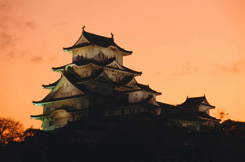 无人,横图,室外,白天,仰视,旅游,度假,日落,植物,标志建筑,地标,建筑,日本,亚洲,阴影,光线,影子,堡垒,城堡,墙,晚霞,霞光,落日,娱乐,建设,墙壁,墙面,树,树木,绿色,阳光,自然,黄昏,享受,休闲,旅游胜地,彩霞,放松,生长,成长,要塞,东亚,本州,世界文化遗产,本州岛,日本国,近畿地方,近畿,兵库,兵库县,姬路,姬路市,夕照,设防,夕阳,彩图,低角度拍摄,斜阳