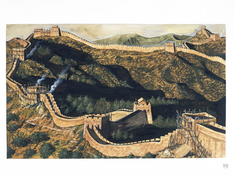 横图,插画,室外,白天,数码,科技,山,山脉,长城,阴影,网络,高光,几何,计算机图形,合成,图画,历史,画,地标建筑,建筑工地,职业,电脑合成图,数码合成图,合成图,要塞,中国文化,漫画,东亚文化,写实,具体,具象,古代文明,彩图,忍耐力
