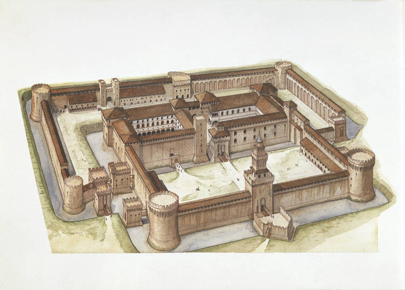 无人,横图,俯视,插画,室外,数码,科技,建筑,意大利,阴影,网络,城堡,庭院,围墙,塔,高光,几何,计算机图形,合成,图画,历史,城墙,画,摄影,电脑合成图,数码合成图,合成图,要塞,南欧,漫画,意大利文化,伦巴第大区,米兰,护城河,写实,具体,具象,彩图,高角度拍摄,旅行,斯福尔扎城堡,时代