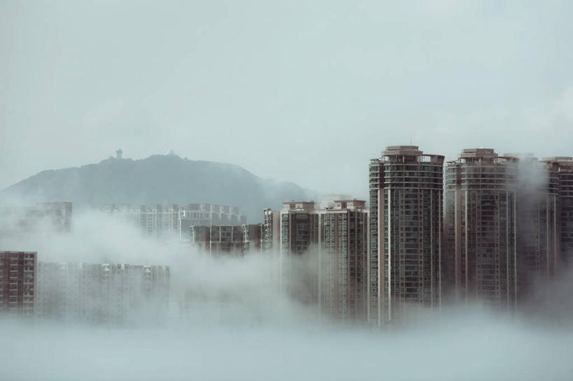 无人,横图,室外,白天,神秘,山,天际线,雾,摩天大楼,香港,云,公寓,现代,地标建筑,摄影,中国文化,彩图,居住区