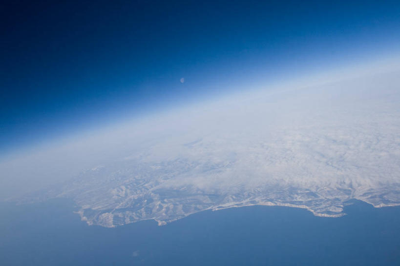 无人,横图,俯视,航拍,室外,白天,地平线,地球,海岸线,蓝色,摄影,鸟瞰,西伯利亚,万里无云,日本海,自然地理,彩图,高角度拍摄