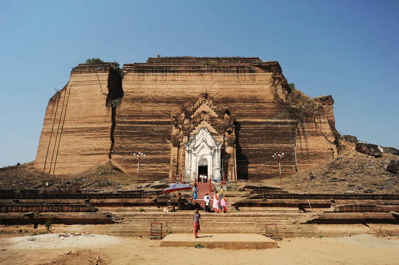 栏杆,横图,室外,白天,建筑,缅甸,历史,佛塔,摄影,宗教,宗教建筑,万里无云,曼德勒,敏贡,彩图,传统文化