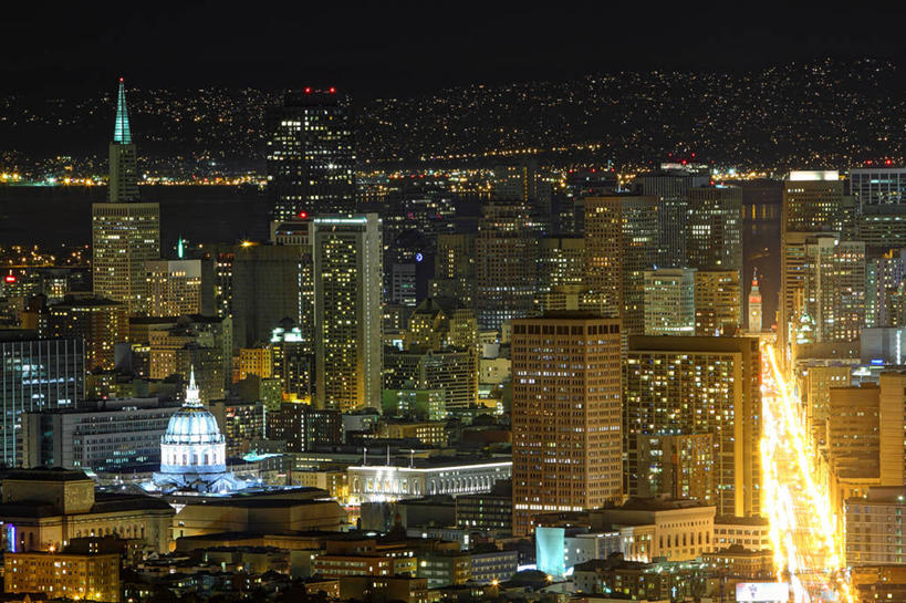 无人,横图,俯视,航拍,室外,夜晚,长时间曝光,度假,美景,城市风光,城市,道路,建筑,街道,路,摩天大楼,公路,美国,景观,塔,交通,娱乐,现代,享受,休闲,景色,放松,摄影,照亮,鸟瞰,加利福尼亚,旧金山,马路,彩图,高角度拍摄