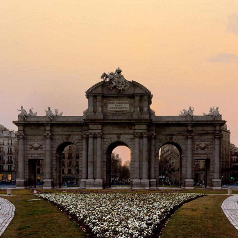 无人,公园,方图,室外,城市,建筑,西班牙,拱门,首都,历史,天空,黄昏,马德里,摄影,保垒之门,彩图