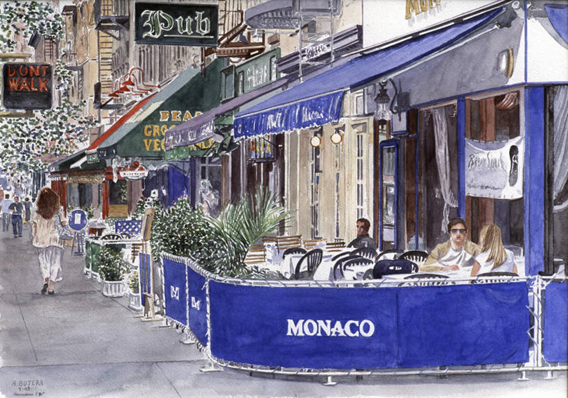 四个人,餐厅,横图,插画,室外,白天,绘画,数码,科技,桌子,城市,建筑,街道,椅子,纽约,美国,阴影,艺术,网络,牌子,人行道,高光,几何,计算机图形,古典,合成,图画,文化,招牌,画,工艺品,品味,英文字母,颜料,美术,电脑合成图,数码合成图,高雅,合成图,漫画,纽约州,遮阳篷,写实,具体,具象,美学,彩图,旅行,餐馆,饭店,饭馆,咖啡馆,店标