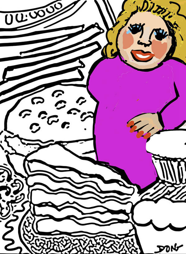 点心,成年人,中年人,头发,肥胖,一个人,微笑,竖图,插画,绘画,幸福,数码,科技,仅一个女性,仅一个人,阴影,艺术,网络,食品,甜点,甜品,高光,几何,计算机图形,古典,合成,图画,文化,饮食,画,食物,糕点,粉色,工艺品,甜食,品味,仅一个中年女性,金色,美术,电脑合成图,数码合成图,高雅,享乐,合成图,肖像,漫画,计算机制图,写实,具体,具象,美学,女人,女性,中年女性,长发,半身,彩图,蛋糕