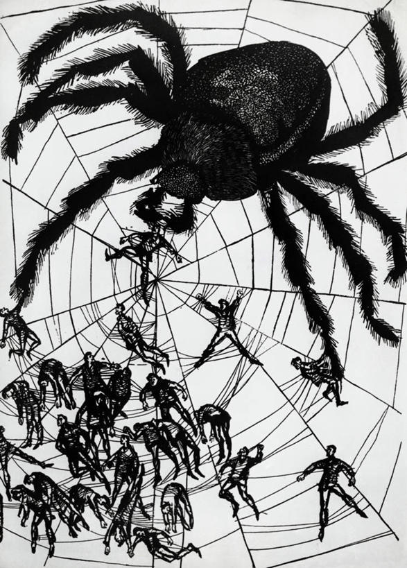 竖图,黑白,插画,室外,白天,数码,科技,阴影,网络,昆虫,蜘蛛网,许多人,高光,几何,计算机图形,合成,图画,画,一群人,怪异,电脑合成图,数码合成图,合成图,文学,漫画,花园蜘蛛,写实,具体,具象,惊骇,蜘蛛恐惧症