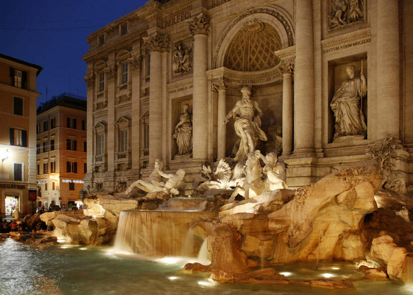 无人,广场,横图,夜晚,旅游,水,建筑,喷泉,意大利,欧洲,雕像,光,首都,历史,黄昏,地标建筑,摄影,照亮,意大利文化,巴洛克风格,特莱维喷泉,彩图,旅行