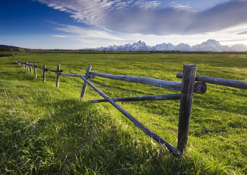 无人,横图,室外,白天,美景,山,雪山,日光,美国,景观,篱笆,田地,云,草,风景,自然,景色,摄影,宁静,自然风光,透视图,怀俄明,大提顿国家公园,彩图