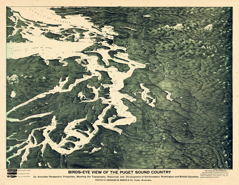无人,横图,俯视,地图,历史,古董,华盛顿州,普吉特海湾,彩图,高角度拍摄