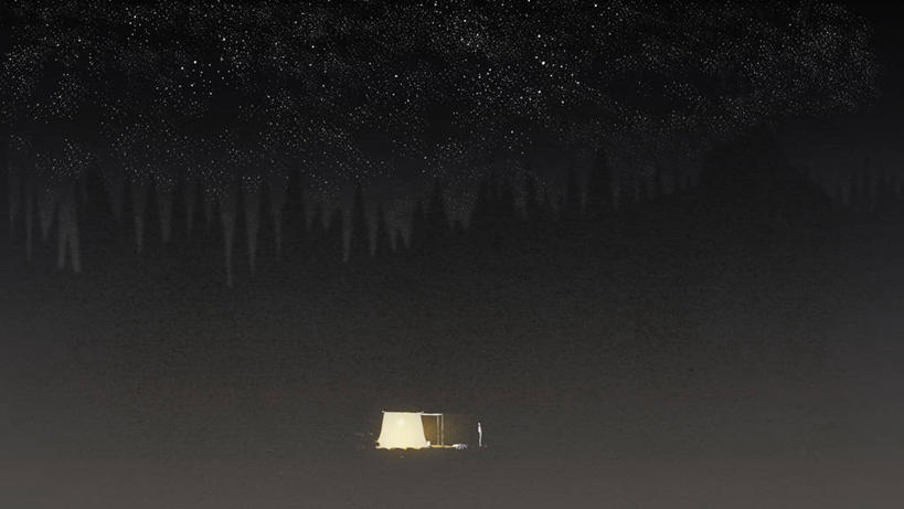 一个人,站,横图,插画,室外,夜晚,留白,度假,数码,科技,森林,阴影,发光,网络,帐篷,地形,星星,高光,几何,计算机图形,合成,图画,画,黑色,天空,自然,思考,放松,宁静,环境,照亮,电脑合成图,数码合成图,合成图,露营,剪影,漫画,计算机制图,万里无云,写实,具体,具象,冒险,休闲活动,彩图,旅行,独处