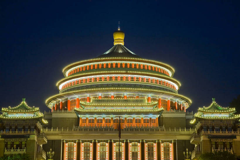 无人,横图,彩色,室外,城市风光,夜景,重庆,中国,亚洲,景观,建筑群,礼堂,灯光,现代建筑,灿烂,摄影,四川省,东亚,中华人民共和国,人民大礼堂,bj174