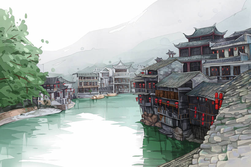 横图,插画,旅游,度假,数码,科技,河流,山,建筑,亚洲,阴影,网络,灯笼,古城,高光,几何,计算机图形,合成,图画,历史,娱乐,画,古代,风景,地标建筑,享受,休闲,放松,电脑合成图,数码合成图,水彩画,合成图,中国文化,漫画,远古,湖南省,写实,具体,具象,古远,彩图,旅行,传统文化,bj175