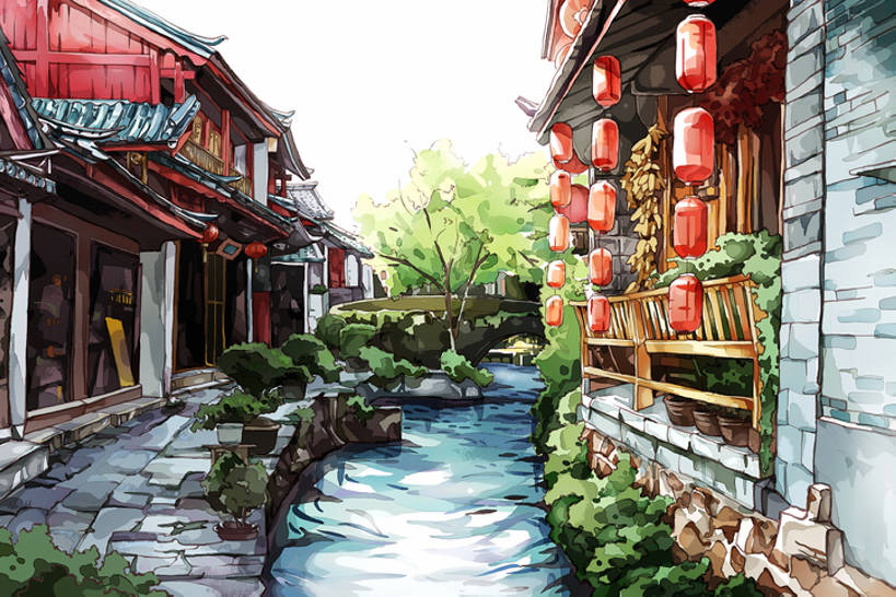 商店,横图,插画,旅游,度假,数码,科技,建筑,丽江,亚洲,阴影,网络,灯笼,古城,高光,几何,计算机图形,合成,图画,历史,娱乐,画,树,古代,风景,小溪,地标建筑,享受,休闲,放松,电脑合成图,数码合成图,水彩画,合成图,中国文化,漫画,远古,云南省,写实,具体,具象,古远,彩图,旅行,传统文化,bj175